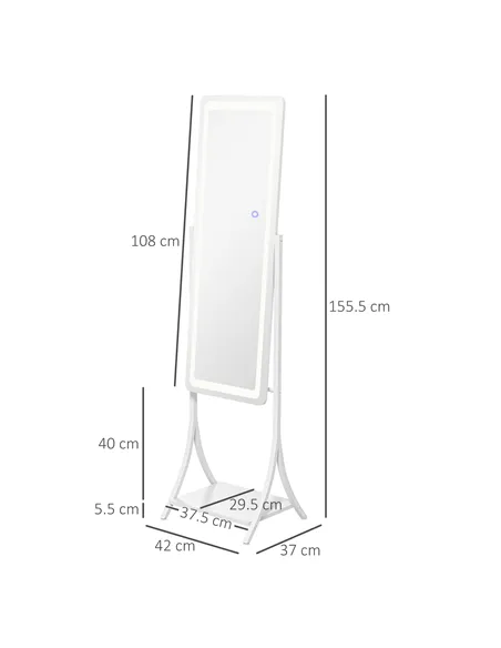 HOMCOM Free Standing Dressing Mirror with LED Lights, Full Length Mirror with 3 Temperature Colours and Storage Shelf