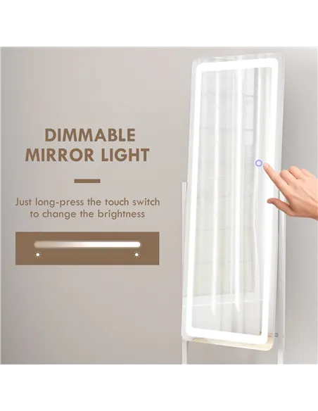 HOMCOM Free Standing Dressing Mirror with LED Lights, Full Length Mirror with 3 Temperature Colours and Storage Shelf