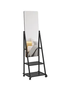 HOMCOM Free Standing Dressing Mirror, Rolling Full Length Mirror on Wheels with Adjustable Angle, Storage Shelves for Bedroom