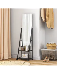 HOMCOM Free Standing Dressing Mirror, Rolling Full Length Mirror on Wheels with Adjustable Angle, Storage Shelves for Bedroom 2