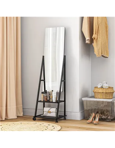 HOMCOM Free Standing Dressing Mirror, Rolling Full Length Mirror on Wheels with Adjustable Angle, Storage Shelves for Bedroom