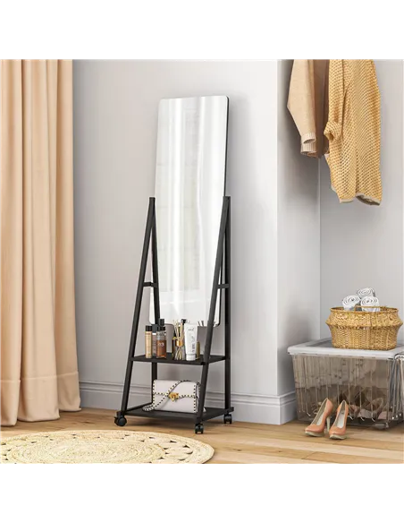 HOMCOM Free Standing Dressing Mirror, Rolling Full Length Mirror on Wheels with Adjustable Angle, Storage Shelves for Bedroom
