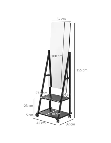 HOMCOM Free Standing Dressing Mirror, Rolling Full Length Mirror on Wheels with Adjustable Angle, Storage Shelves for Bedroom