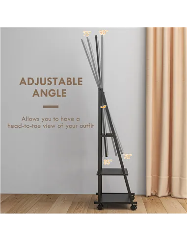 HOMCOM Free Standing Dressing Mirror, Rolling Full Length Mirror on Wheels with Adjustable Angle, Storage Shelves for Bedroom