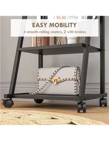 HOMCOM Free Standing Dressing Mirror, Rolling Full Length Mirror on Wheels with Adjustable Angle, Storage Shelves for Bedroom