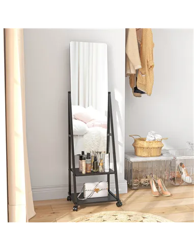 HOMCOM Free Standing Dressing Mirror, Rolling Full Length Mirror on Wheels with Adjustable Angle, Storage Shelves for Bedroom