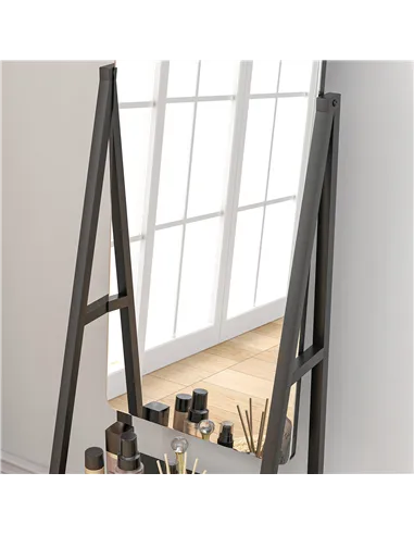 HOMCOM Free Standing Dressing Mirror, Rolling Full Length Mirror on Wheels with Adjustable Angle, Storage Shelves for Bedroom