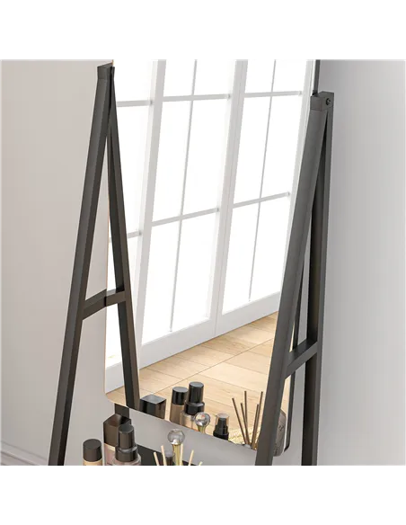HOMCOM Free Standing Dressing Mirror, Rolling Full Length Mirror on Wheels with Adjustable Angle, Storage Shelves for Bedroom