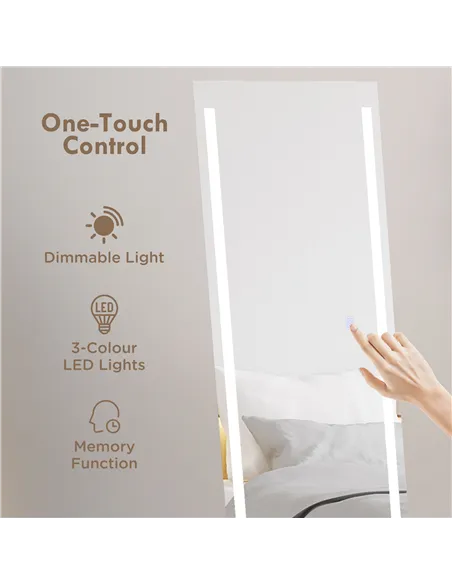 HOMCOM Full Length Dressing Mirror, LED Lighted Wall Mirror for Bedroom, Adjustable Brightness and 3 Colours, White
