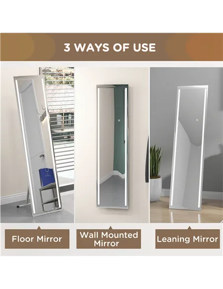 HOMCOM Full Length Dressing Mirror, LED Lighted Wall Mirror for Bedroom, Adjustable Brightness and 3 Colours, White