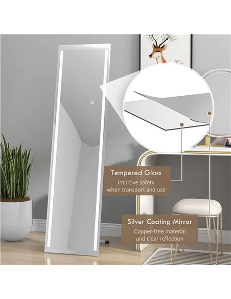 HOMCOM Full Length Dressing Mirror, LED Lighted Wall Mirror for Bedroom, Adjustable Brightness and 3 Colours, White