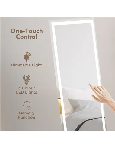 HOMCOM Standing Dressing Mirror with LED Lights, Wall Dressing Mirror for Bedroom with Dimmable and 3 Colour Lighting, White