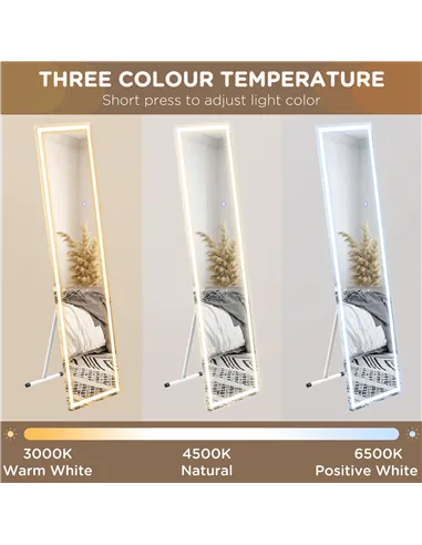 HOMCOM Standing Dressing Mirror with LED Lights, Wall Dressing Mirror for Bedroom with Dimmable and 3 Colour Lighting, White