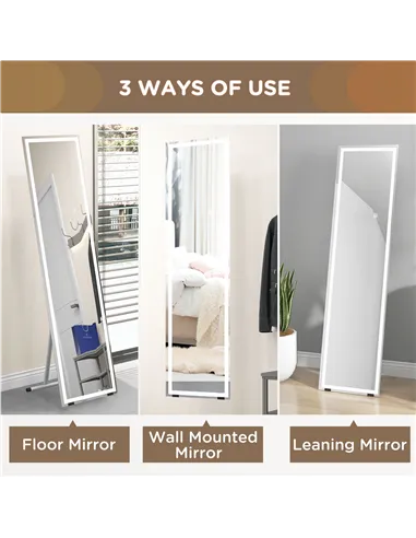HOMCOM Standing Dressing Mirror with LED Lights, Wall Dressing Mirror for Bedroom with Dimmable and 3 Colour Lighting, White