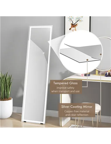 HOMCOM Standing Dressing Mirror with LED Lights, Wall Dressing Mirror for Bedroom with Dimmable and 3 Colour Lighting, White