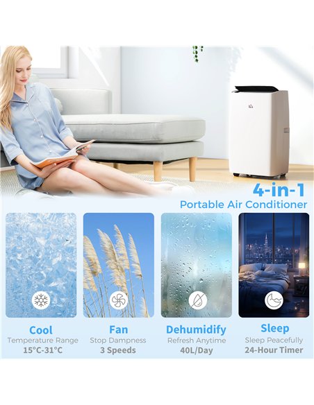 HOMCOM Portable Air Conditioner 14000 BTU, 4-in-1 Air Conditioning Unit, Dehumidifier, Cooling, Fan, Sleep Mode with 3 Speeds, R