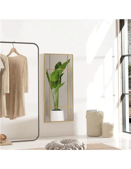 HOMCOM Decorative Grid Wall Mirror, with Back Hooks - Gold Tone