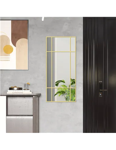 HOMCOM Decorative Grid Wall Mirror, with Back Hooks - Gold Tone