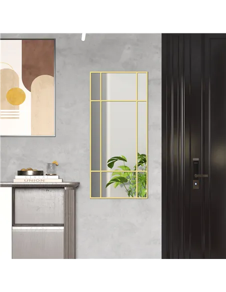 HOMCOM Decorative Grid Wall Mirror, with Back Hooks - Gold Tone