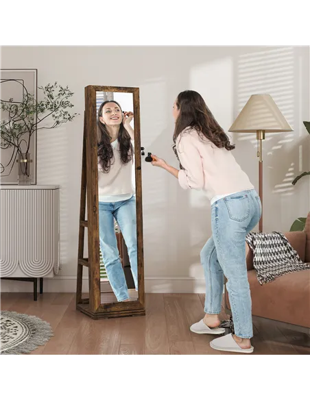 HOMCOM 360° Swivel Jewellery Cabinet, Free Standing Full Length Mirror with Storage, Lockable Jewellery Organiser with Built-in 