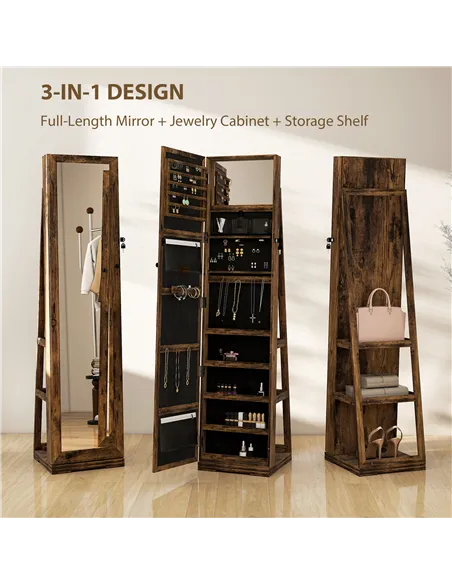 HOMCOM 360° Swivel Jewellery Cabinet, Free Standing Full Length Mirror with Storage, Lockable Jewellery Organiser with Built-in 