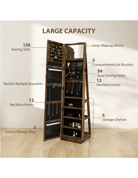 HOMCOM 360° Swivel Jewellery Cabinet, Free Standing Full Length Mirror with Storage, Lockable Jewellery Organiser with Built-in 