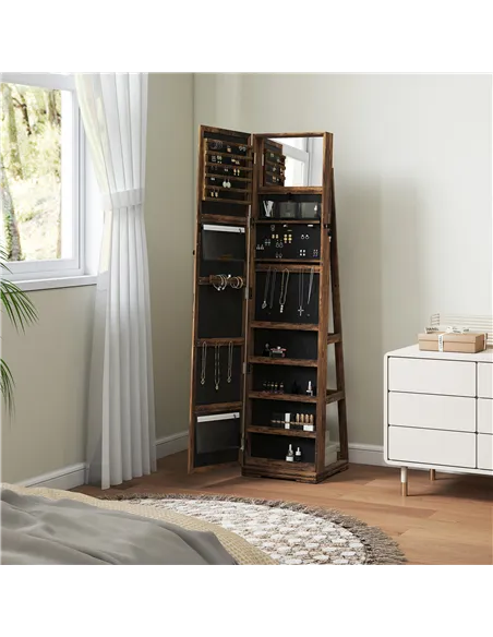 HOMCOM 360° Swivel Jewellery Cabinet, Free Standing Full Length Mirror with Storage, Lockable Jewellery Organiser with Built-in 