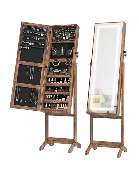 HOMCOM Jewellery Cabinet with LED Light, Lockable Jewellery Organiser with Full-Length Mirror for Bedroom Dressing Room, Rustic 