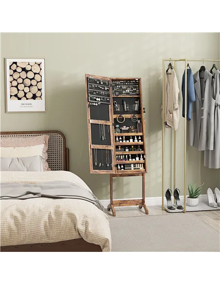 HOMCOM Jewellery Cabinet with LED Light, Lockable Jewellery Organiser with Full-Length Mirror for Bedroom Dressing Room, Rustic 