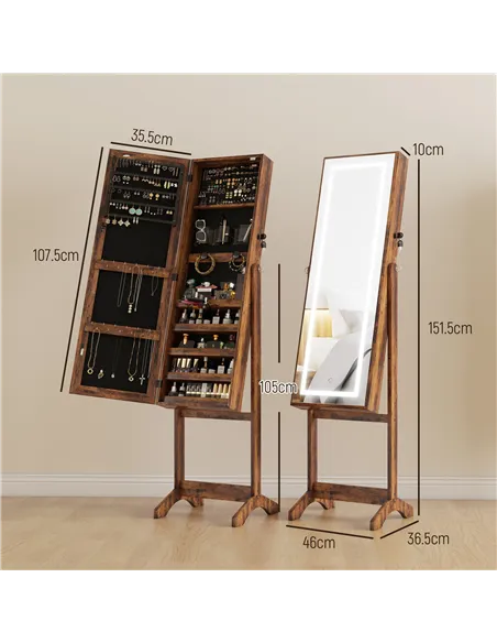 HOMCOM Jewellery Cabinet with LED Light, Lockable Jewellery Organiser with Full-Length Mirror for Bedroom Dressing Room, Rustic 