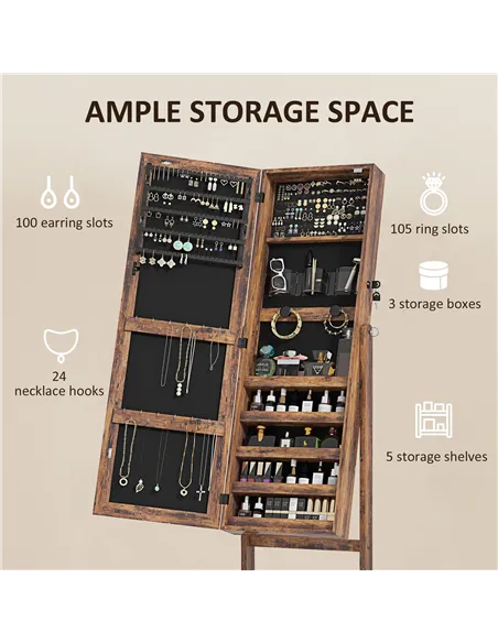 HOMCOM Jewellery Cabinet with LED Light, Lockable Jewellery Organiser with Full-Length Mirror for Bedroom Dressing Room, Rustic 