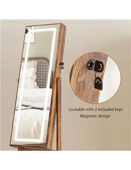 HOMCOM Jewellery Cabinet with LED Light, Lockable Jewellery Organiser with Full-Length Mirror for Bedroom Dressing Room, Rustic 