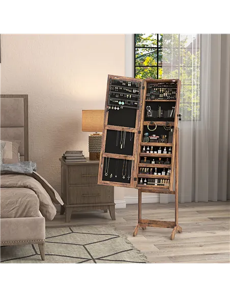HOMCOM Jewellery Cabinet with LED Light, Lockable Jewellery Organiser with Full-Length Mirror for Bedroom Dressing Room, Rustic 