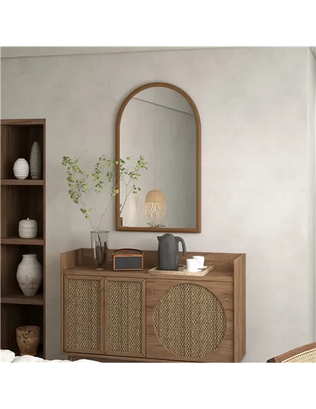 HOMCOM 110 x 65cm Wooden Arched Mirror - Natural Finish
