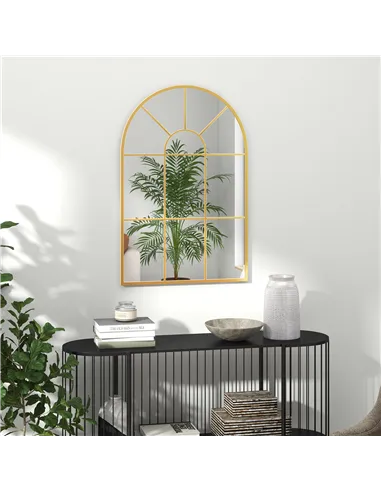 HOMCOM Modern Arched Wall Mirror, 91 x 60 cm Window Mirrors for Living Room, Bedroom, Gold Tone