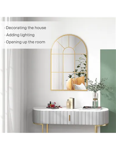 HOMCOM Modern Arched Wall Mirror, 91 x 60 cm Window Mirrors for Living Room, Bedroom, Gold Tone