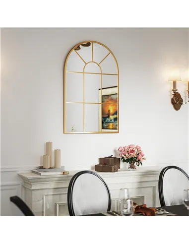 HOMCOM Modern Arched Wall Mirror, 91 x 60 cm Window Mirrors for Living Room, Bedroom, Gold Tone