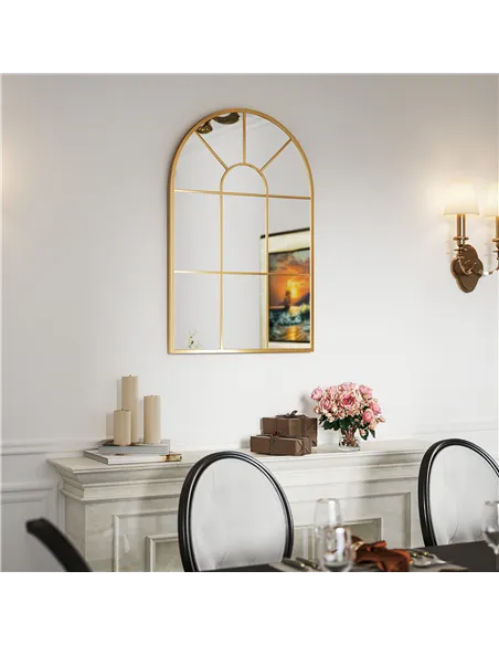 HOMCOM Modern Arched Wall Mirror, 91 x 60 cm Window Mirrors for Living Room, Bedroom, Gold Tone