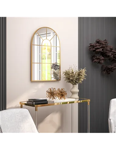 HOMCOM Modern Arched Wall Mirror, 91 x 60 cm Window Mirrors for Living Room, Bedroom, Gold Tone