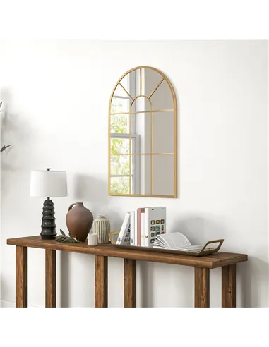 HOMCOM Modern Arched Wall Mirror, 91 x 60 cm Window Mirrors for Living Room, Bedroom, Gold Tone