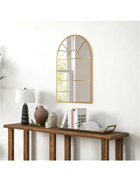 HOMCOM Modern Arched Wall Mirror, 91 x 60 cm Window Mirrors for Living Room, Bedroom, Gold Tone