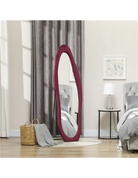 HOMCOM Wavy Velvet-Feel Full Length Mirror - Wine Red