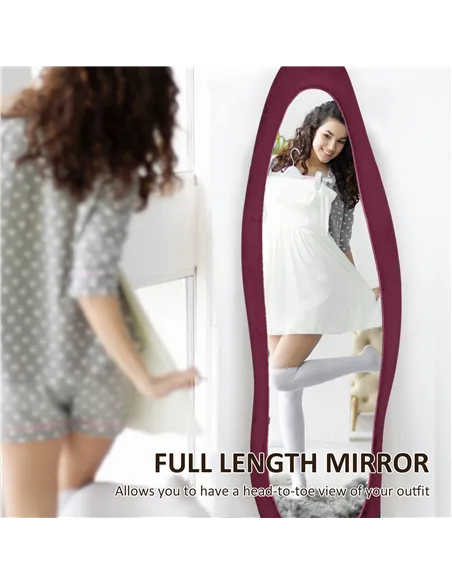 HOMCOM Wavy Velvet-Feel Full Length Mirror - Wine Red