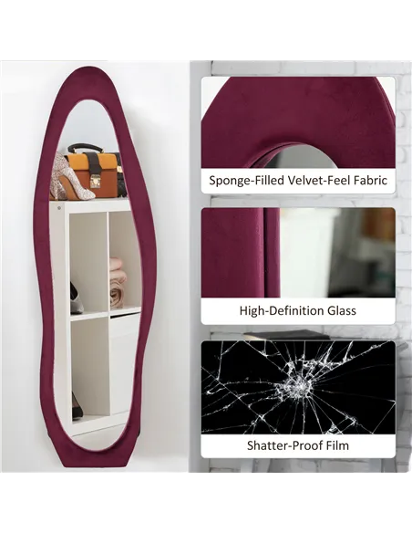 HOMCOM Wavy Velvet-Feel Full Length Mirror - Wine Red