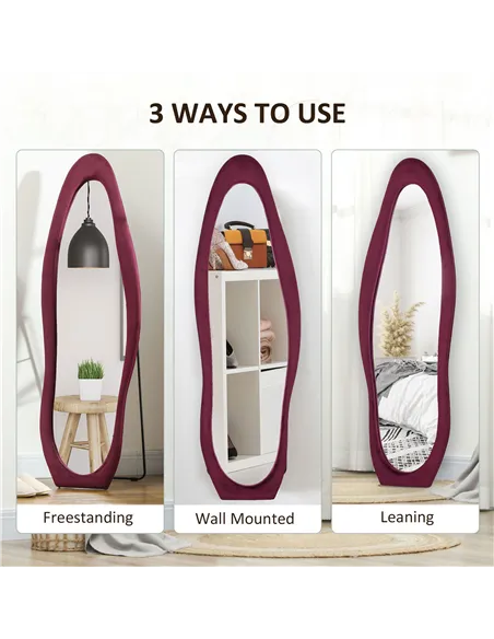 HOMCOM Wavy Velvet-Feel Full Length Mirror - Wine Red