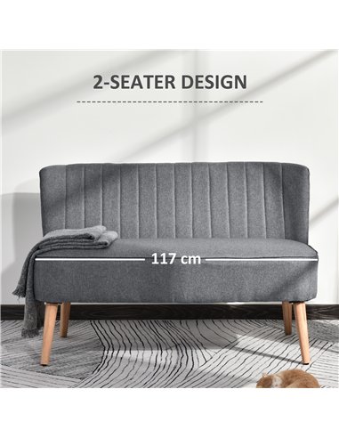 HOMCOM Modern Double Seat Sofa Loveseat Couch 2 Seater Compact Sofa Padded Linen Wood Leg Grey