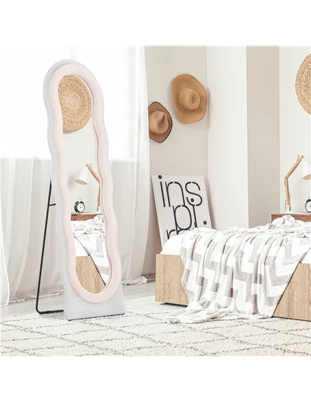 HOMCOM Wavy Velvet-Feel Full Length Mirror - Pink