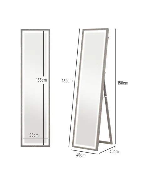 HOMCOM Full Length Mirror, with Adjustable Outer Light, Grey