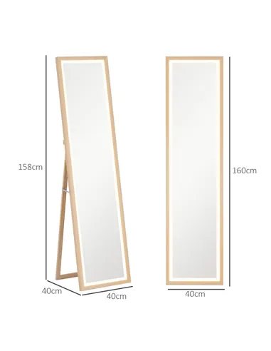HOMCOM Full Length Mirror, with Adjustable Outer Light, Oak