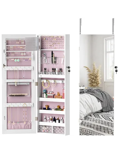 HOMCOM 108 x 37cm Lockable Jewellery Cabinet, with LED Lights - White Surface and Pink Lining